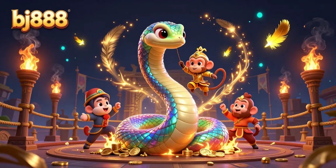 Engage with the vibrant world of bj888, showcasing a colorful rainbow serpent and monkey king in a magical gambling scene.