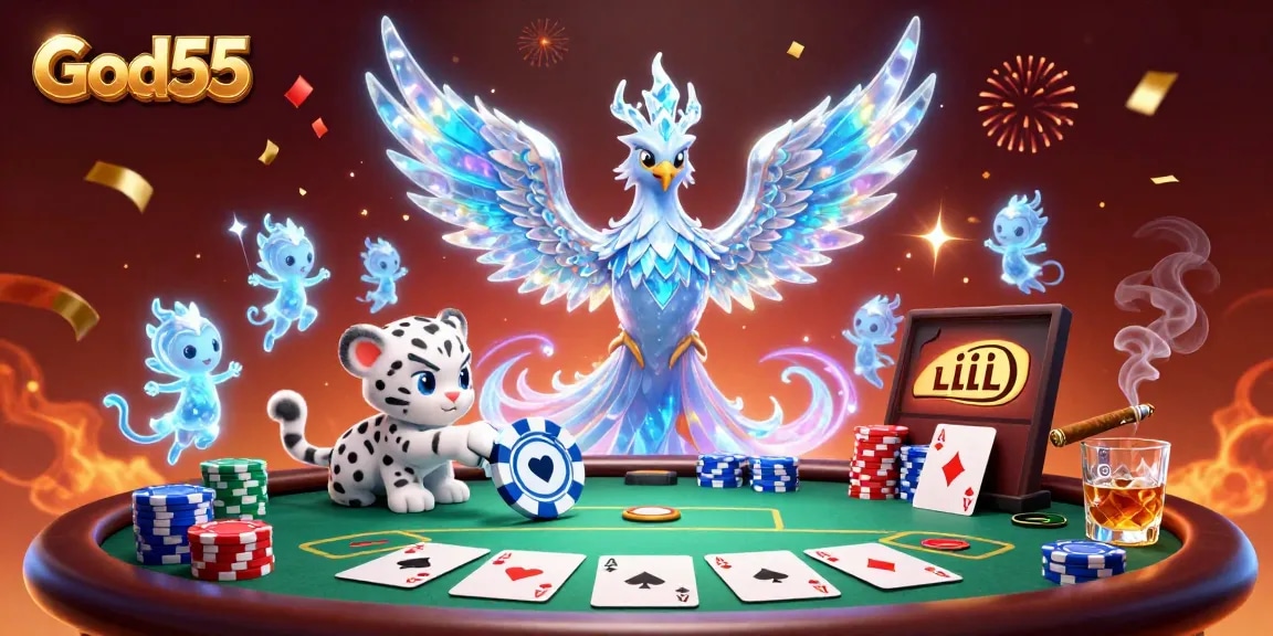 Experience the thrill of God55 with vibrant characters at a poker table amidst sparkling casino elements.