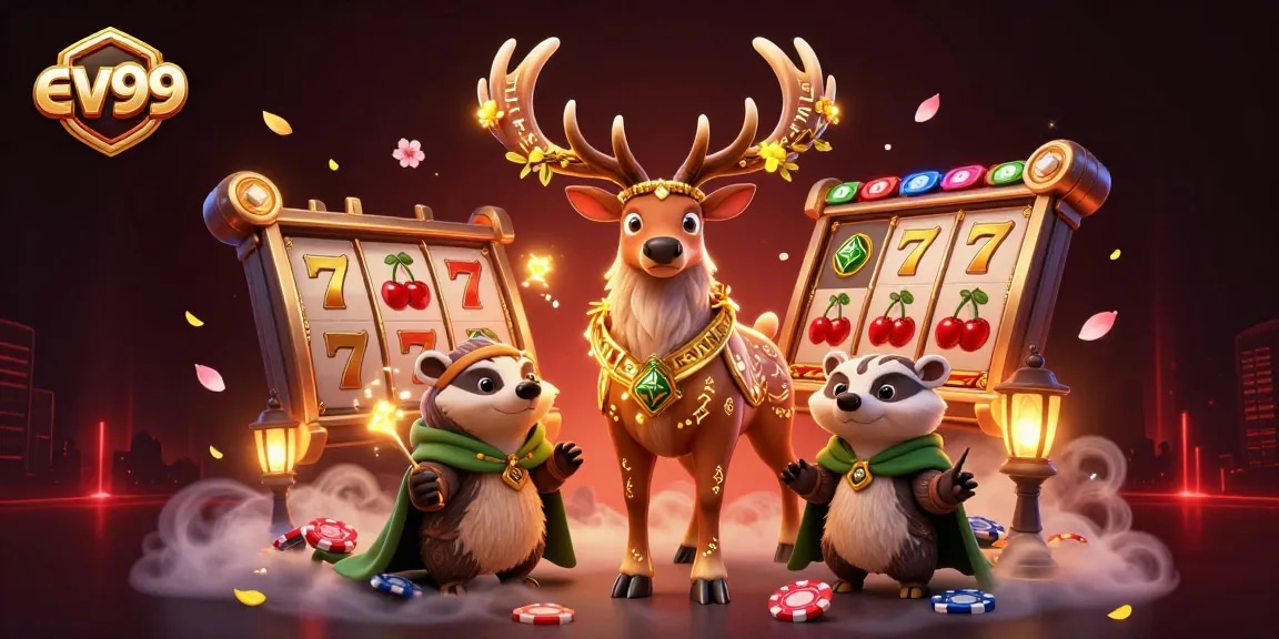Experience the excitement of ev99 casino games with a colorful 3D illustration featuring a druid stag, mystical elements, and slot reels.