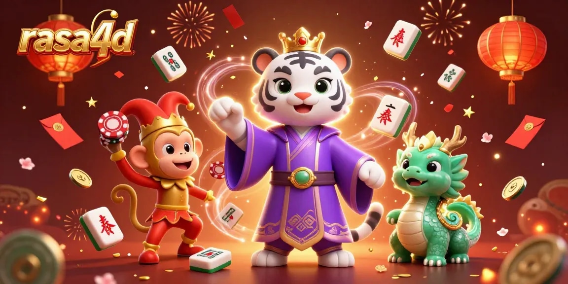 Menggoda pemain dengan rasa4d, harimau putih 3D elegan dan monyet emas juggling chip poker di latar belakang kasino.