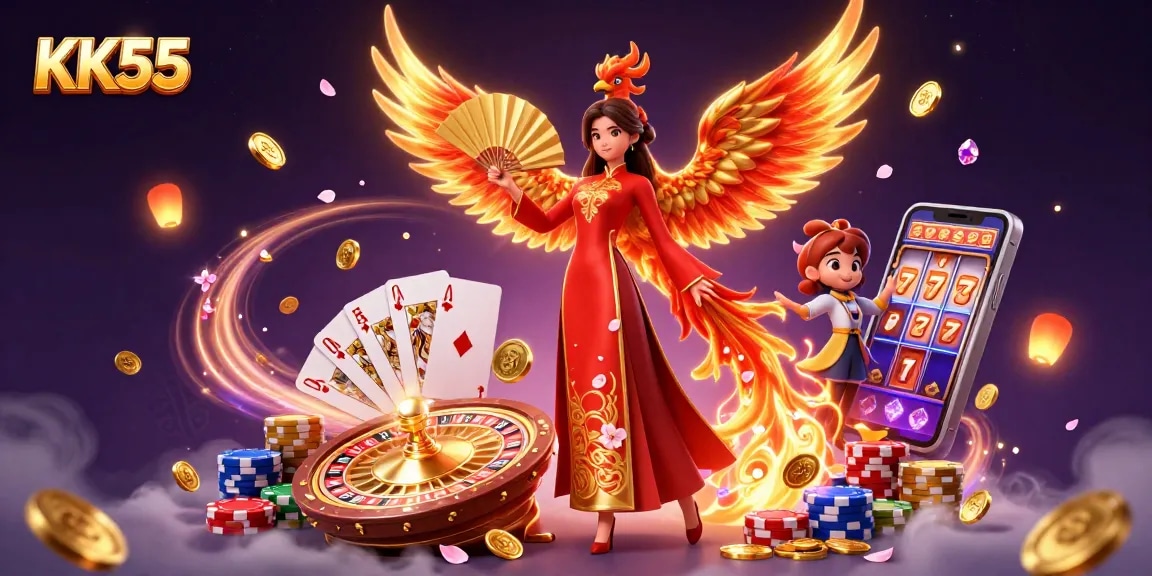 Win big with KK55's thrilling gaming experience featuring vibrant casino elements.