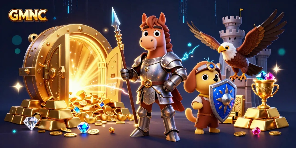 Engage with GMNC through a vibrant 3D scene showcasing characters amidst a treasure vault and gambling elements.