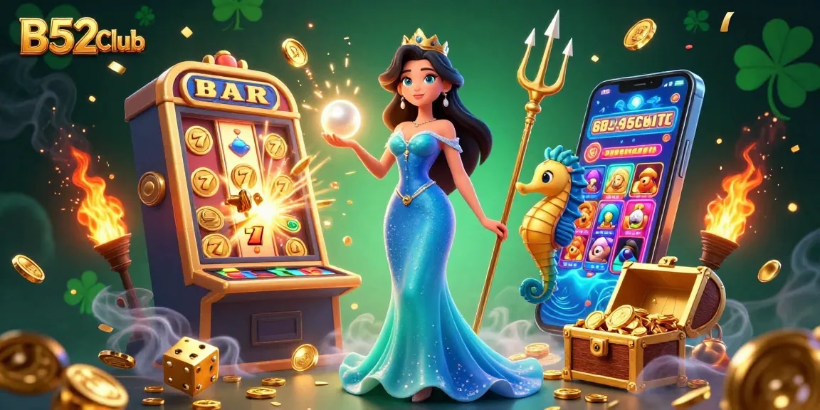 B52Club showcases an exciting underwater casino scene featuring a woman and seahorse king amidst exploding jackpots and vibrant gaming elements.