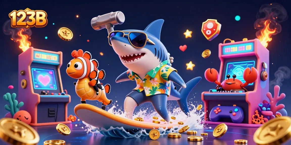 Experience exhilarating gaming at 123B with a vibrant underwater illustration of characters and casino elements.