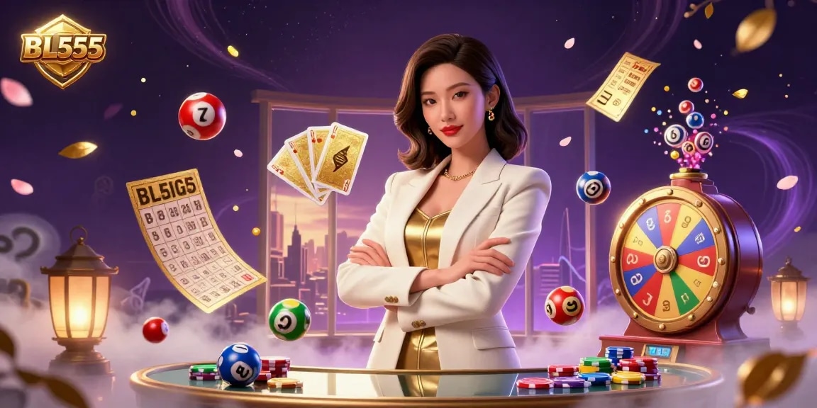 Experience excitement and thrill with BL555's vibrant gaming scene showcasing colorful elements and a powerful business-woman.