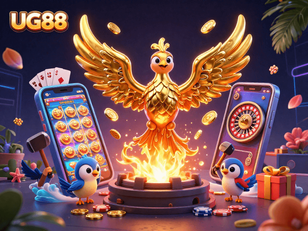 Experience the thrill of winning with UG88, featuring a dynamic casino scene with a golden phoenix.