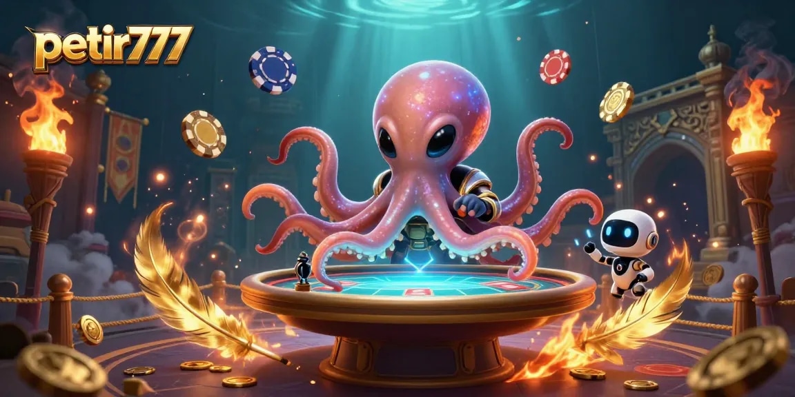 Experience the fun of petir777 with this vibrant 3D illustration of an alien octopus playing poker.