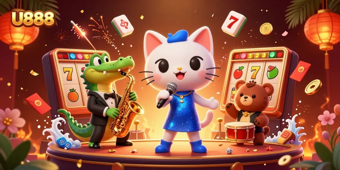 Experience the thrill of U888 with our vibrant casino scene featuring a singing cat, saxophone crocodile, and drumming bear.