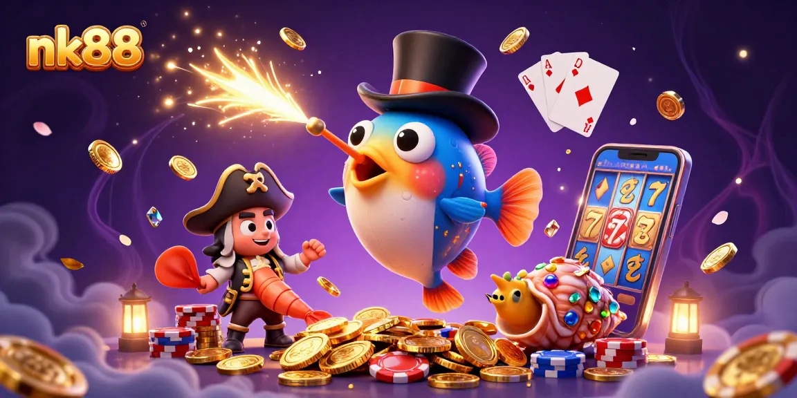 Engage in thrilling gameplay with nk88's vibrant casino scene featuring animated characters and dynamic elements.