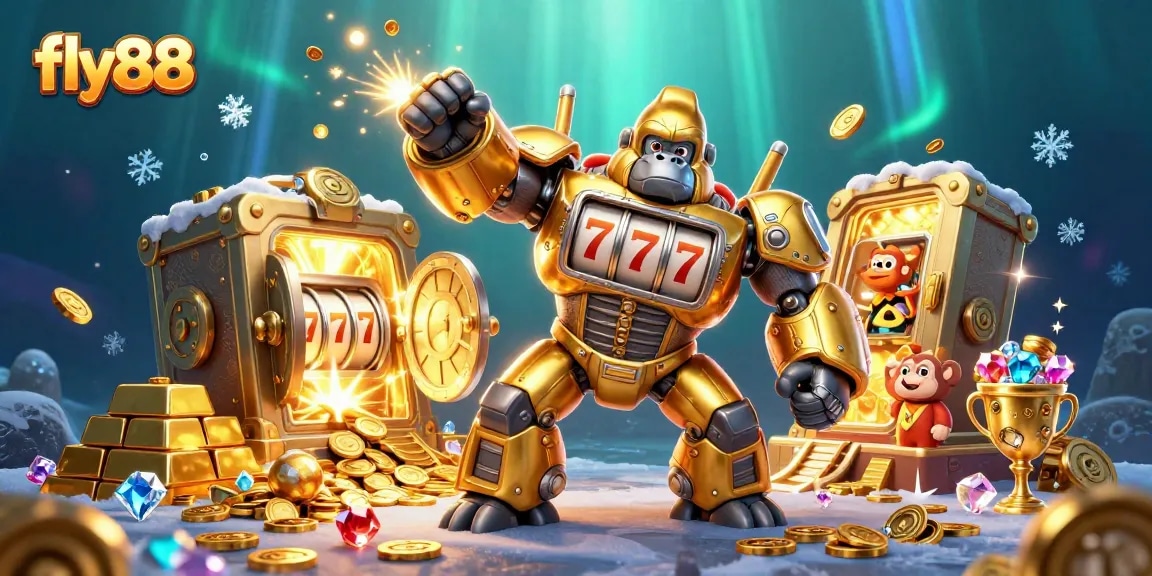 Experience thrilling action and excitement at fly88 with a dynamic casino-themed scene featuring an explosive golden gorilla mech.