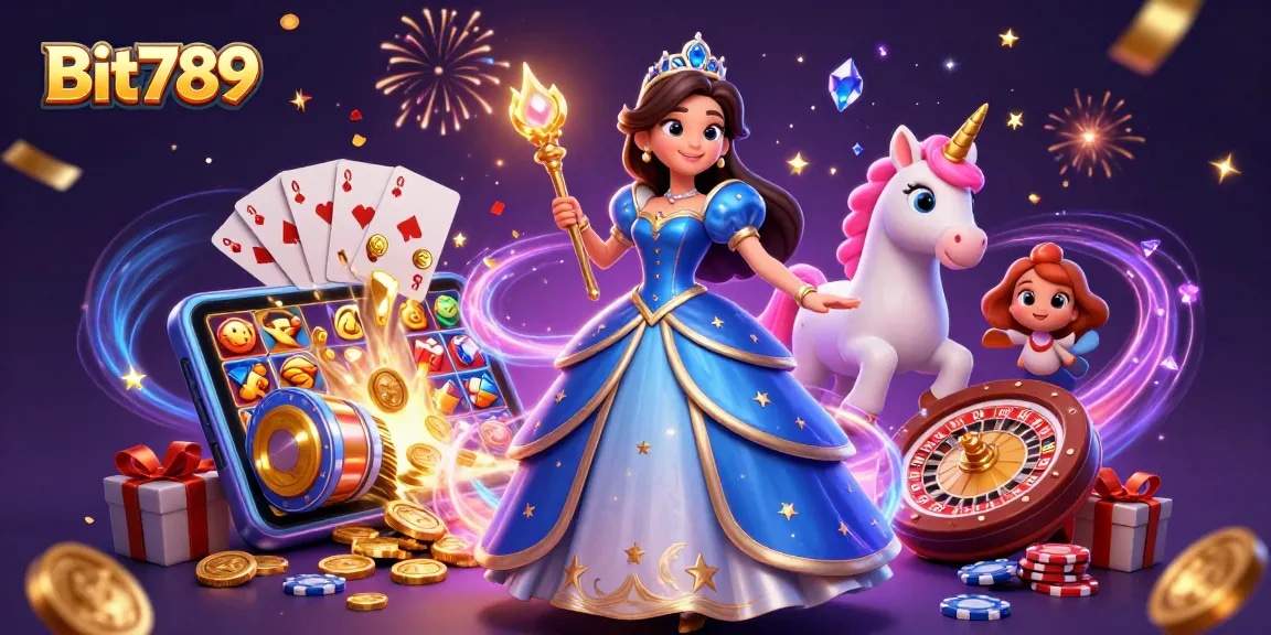 Join the excitement at Bit789 with our captivating casino-themed illustration featuring a glamorous woman and enchanting unicorn.