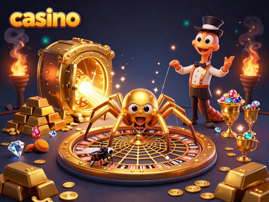 Engage with casino adventures as a golden spider spins a roulette web, creating winning excitement.
