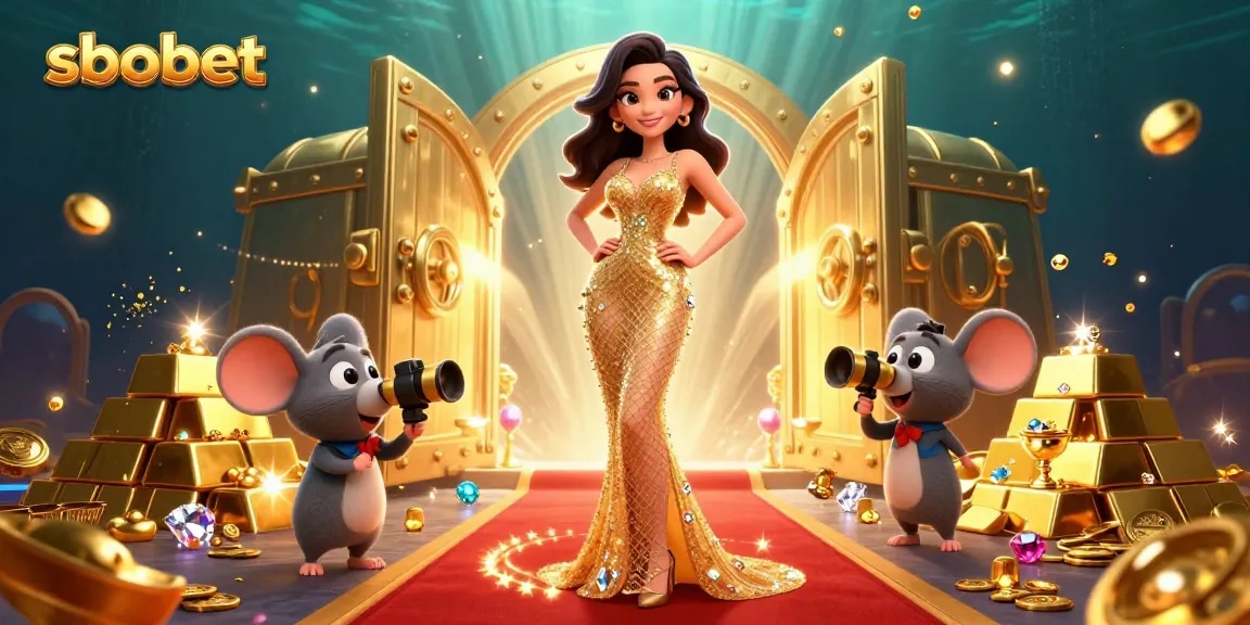 Sbobet captivates players with a glamorous casino scene featuring gold treasures and a Hollywood vibe