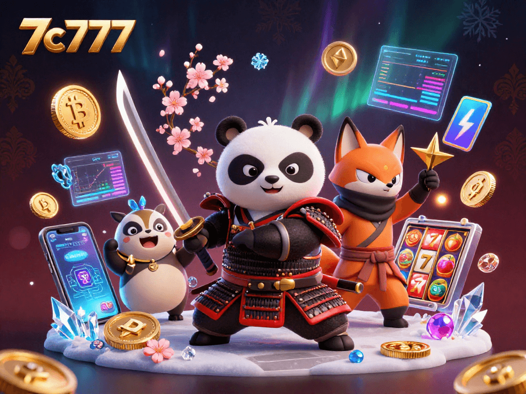 Engage in thrilling gameplay with 7c777 characters including a samurai panda, ninja fox, and magical tanuki.