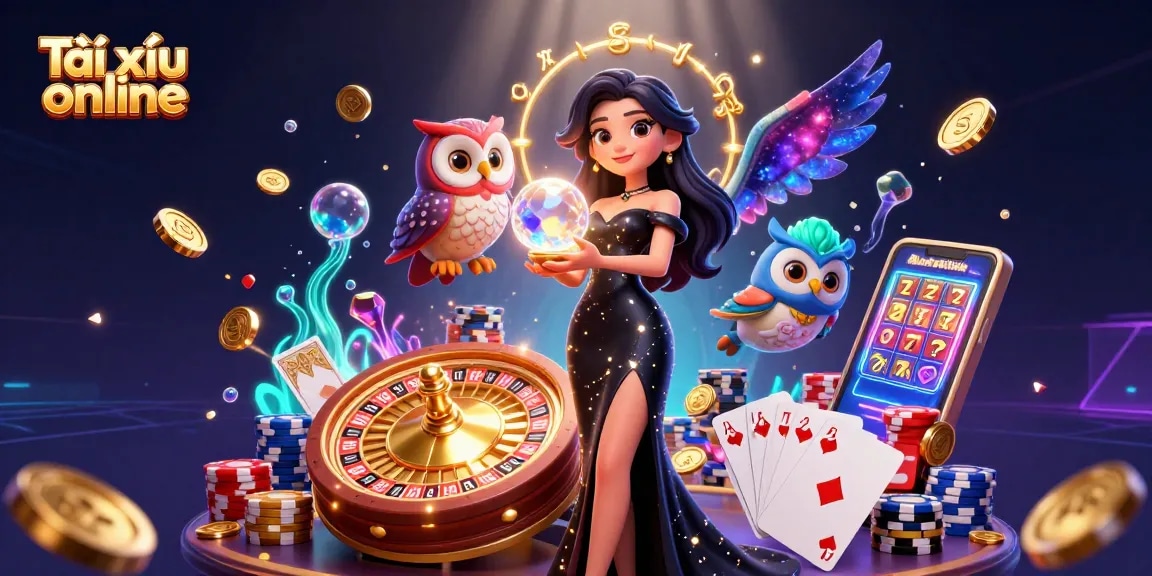 Engage with Tài xỉu online in a dynamic, colorful casino setting featuring a stunning woman and mystical owl