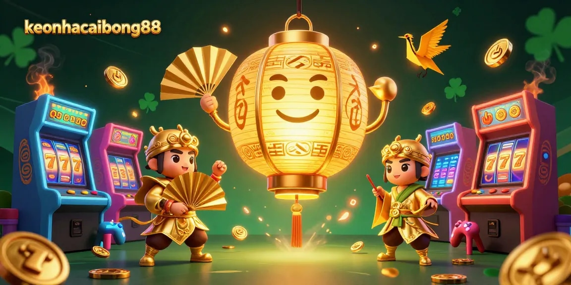 Experience keonhacaibong88 gaming excitement with golden lanterns and vibrant slots in a dynamic casino scene