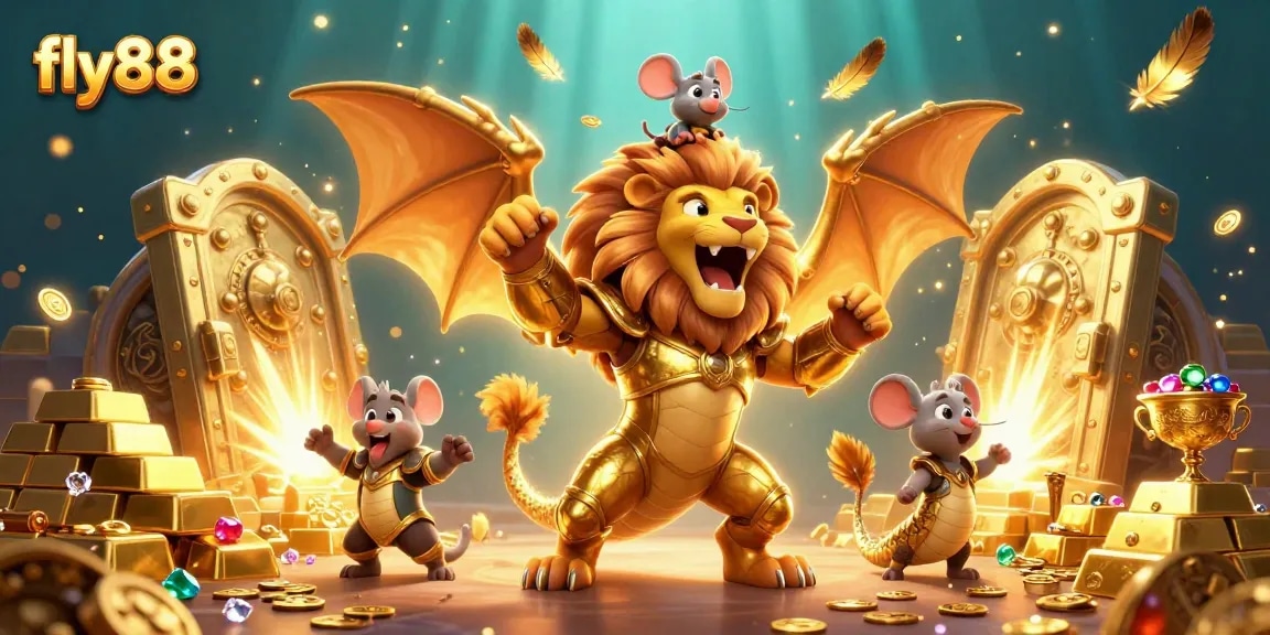 Experience the thrill of winning at fly88 with a majestic chimera and treasure bursting in a vibrant casino scene.