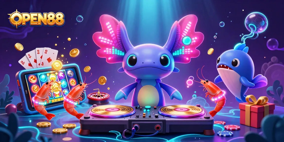 Experience thrilling gaming at OPEN88 with vibrant 3D characters and exciting casino elements.