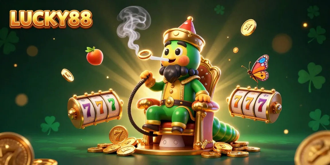 Experience LUCKY88's excitement with a vibrant scene featuring slot reels and golden coins.