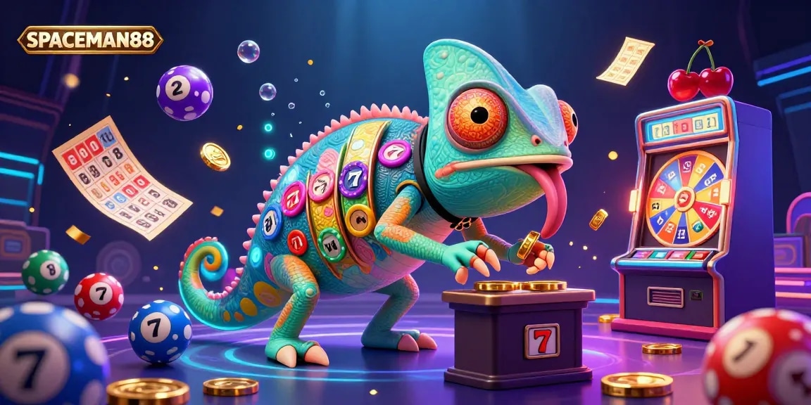 SPACEMAN88 menghadirkan gambar dinamis menampilkan chameleon kasino dan elemen slot menarik, menggoda pemain untuk menang.