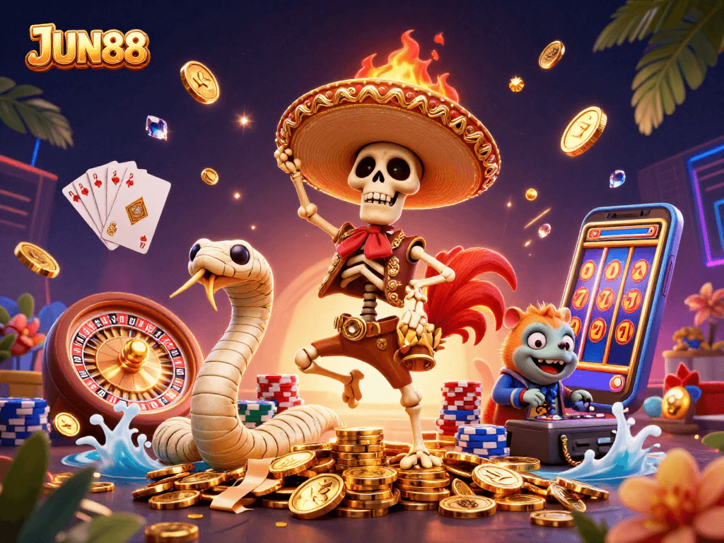 Experience thrilling victories at JUN88 with vibrant casino characters and exciting gaming elements.