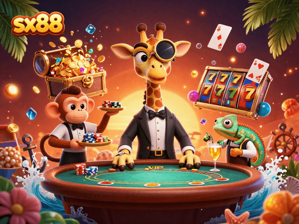 SX88 high-roller giraffe enjoying VIP poker with a vibrant casino atmosphere.