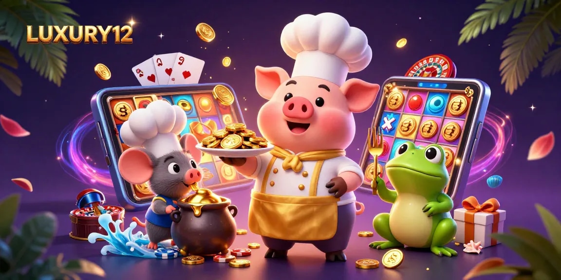 LUXURY12 showcases an energetic slot gaming scene with gold coins, chefs, and vibrant casino elements.