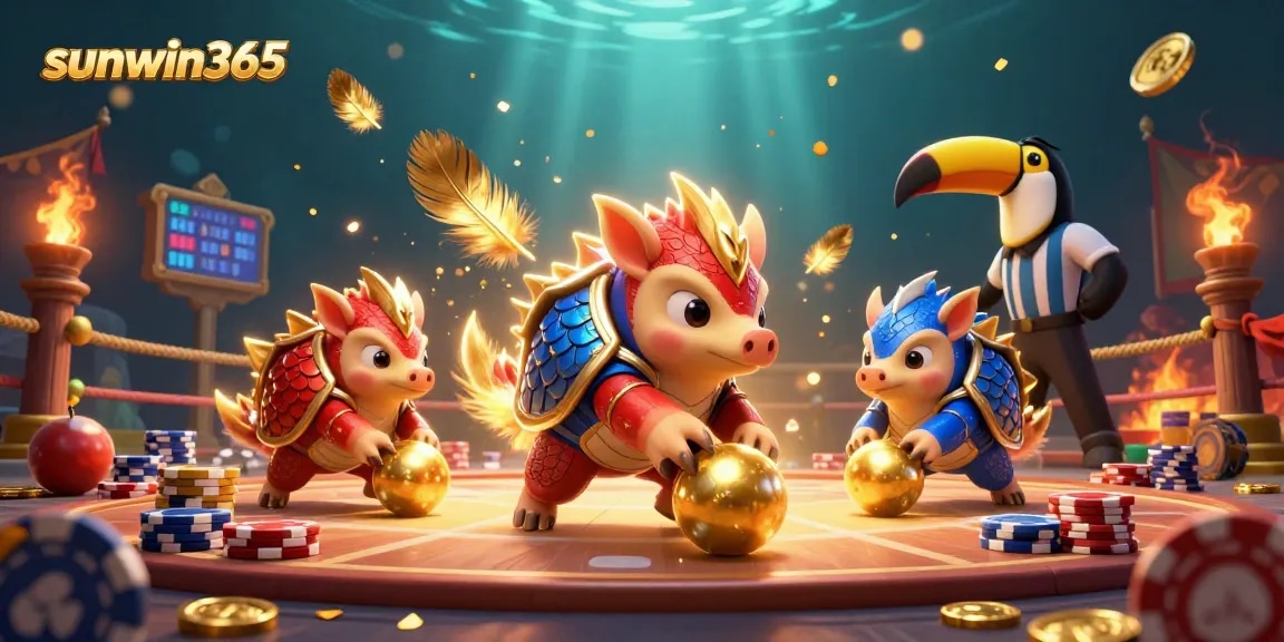 Engage with sunwin365's exciting gaming experience featuring rival pangolins in a colorful casino scene.
