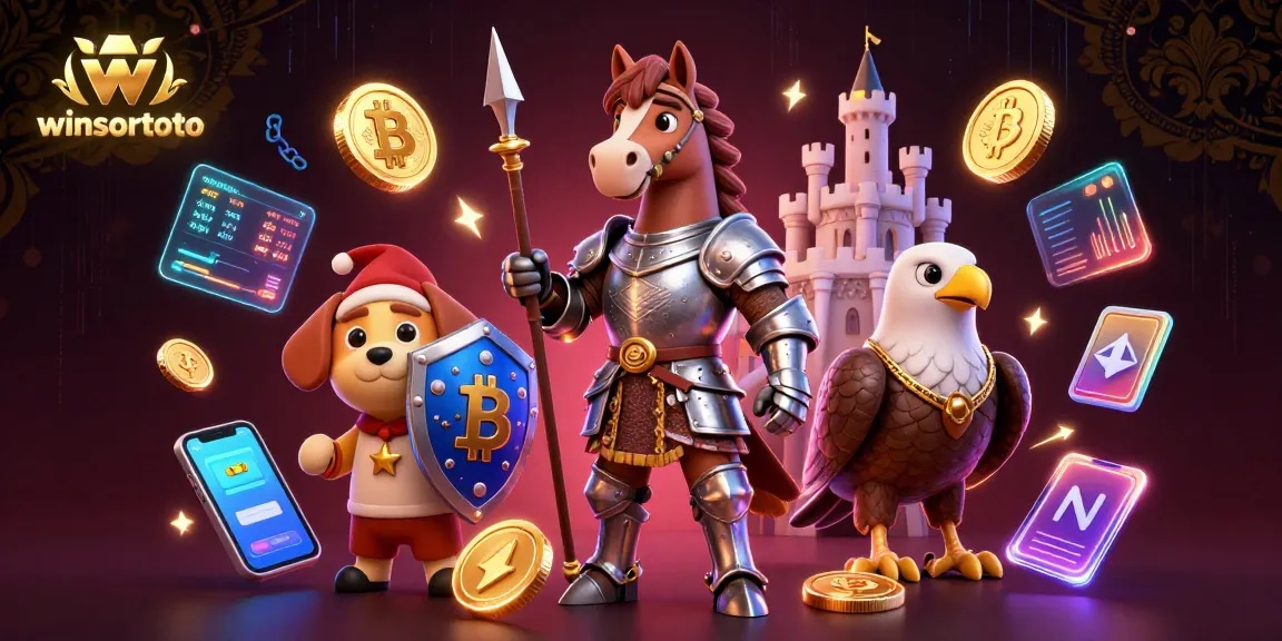 Experience winsortoto through a vibrant casino scene featuring knights, crypto coins, and dynamic gaming elements.