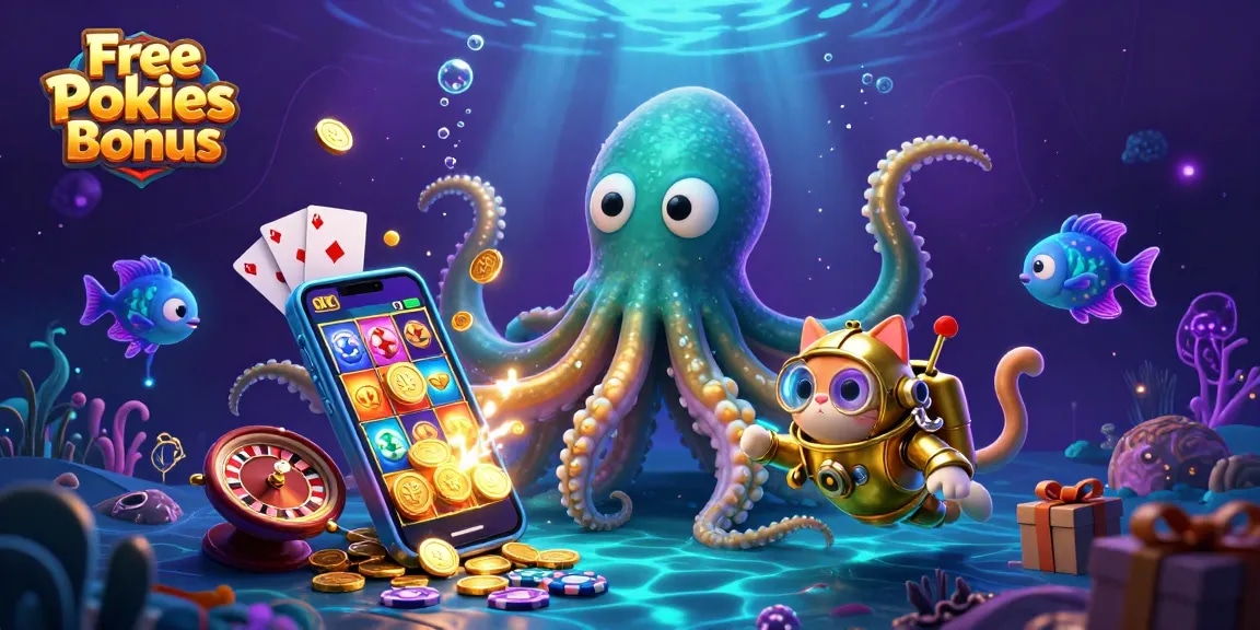 Experience the thrill of Free Pokies Bonus with a vibrant kraken and diving cat illustration.