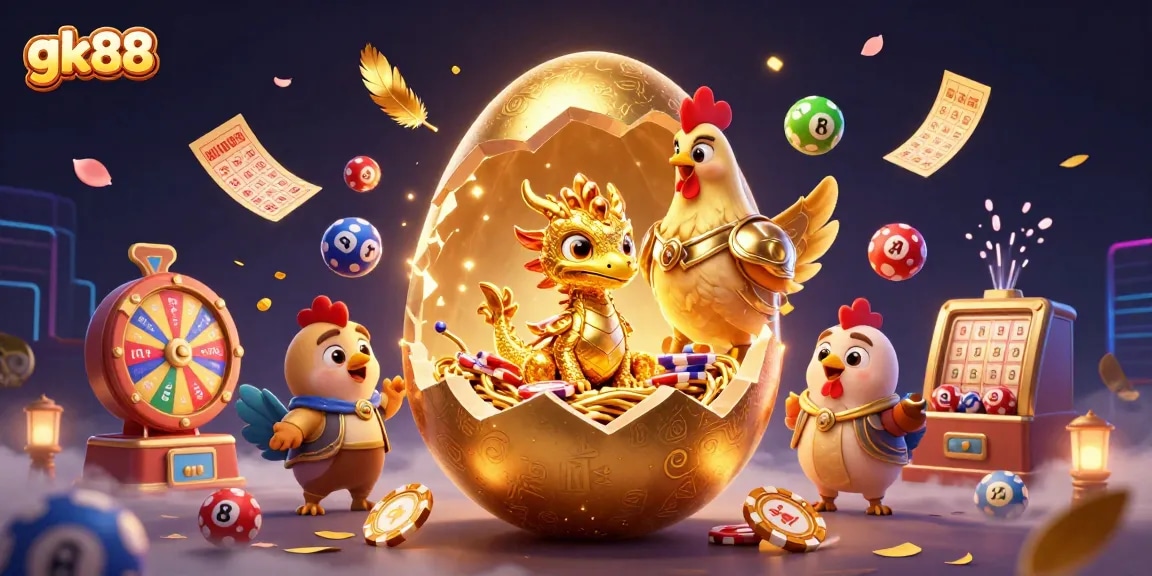Engage with gk88's golden dragon treasure surrounded by vibrant lottery elements and casino symbols.
