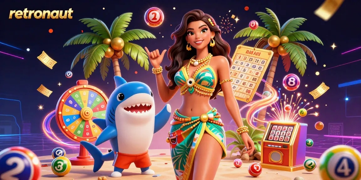 Experience an exciting retronaut-themed casino scene with vibrant elements depicting lottery games and animated characters.