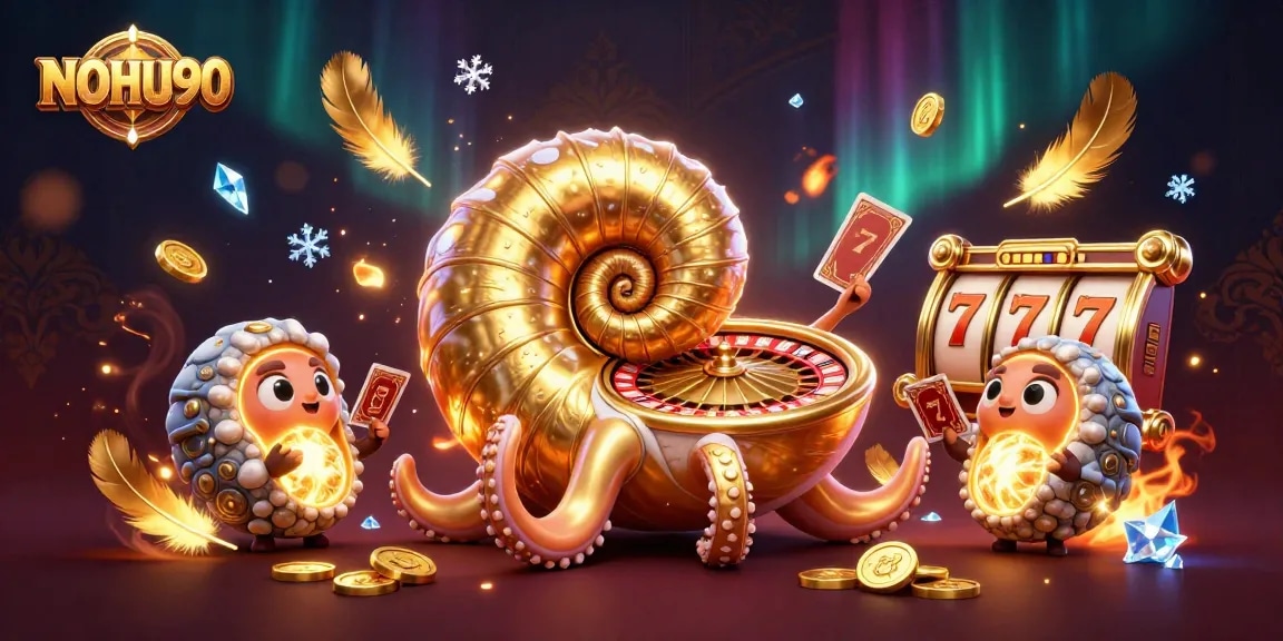Experience thrilling gameplay with NOHU90, a vibrant 3D casino scene featuring a giant nautilus and exciting slot elements.