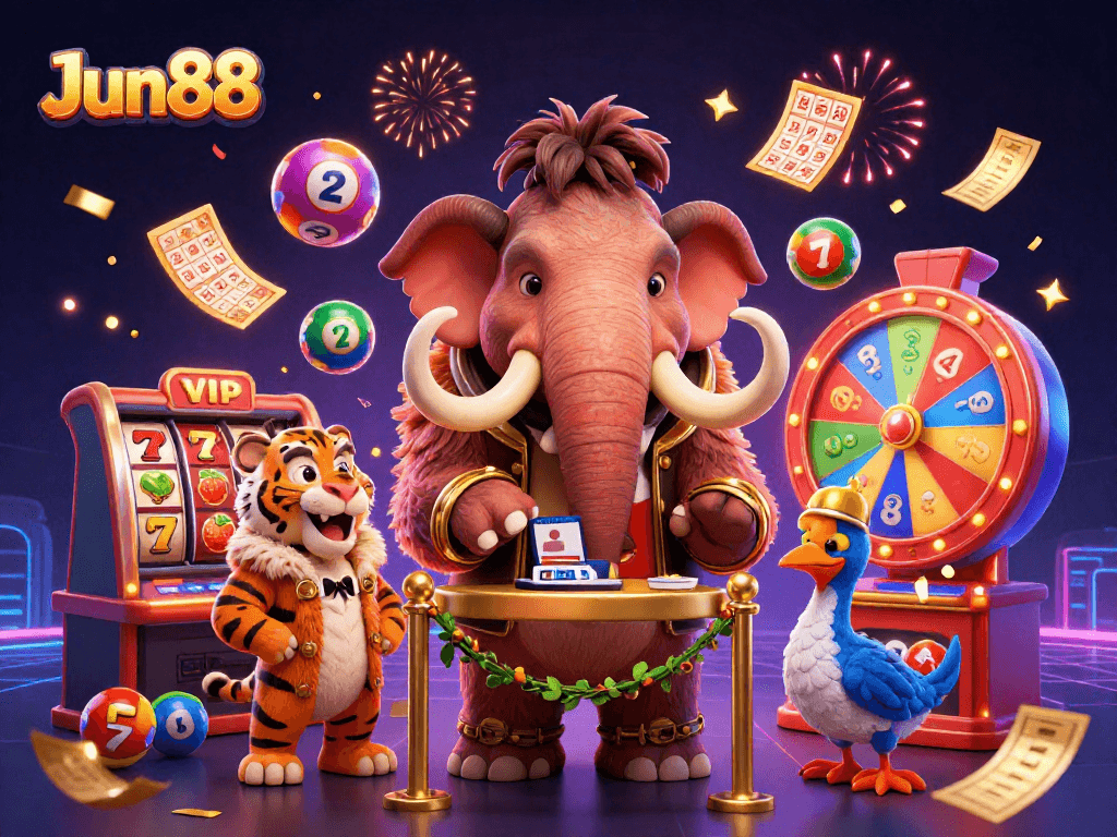 Join the fun at Jun88 with a vibrant casino scene featuring dynamic games and animated characters.