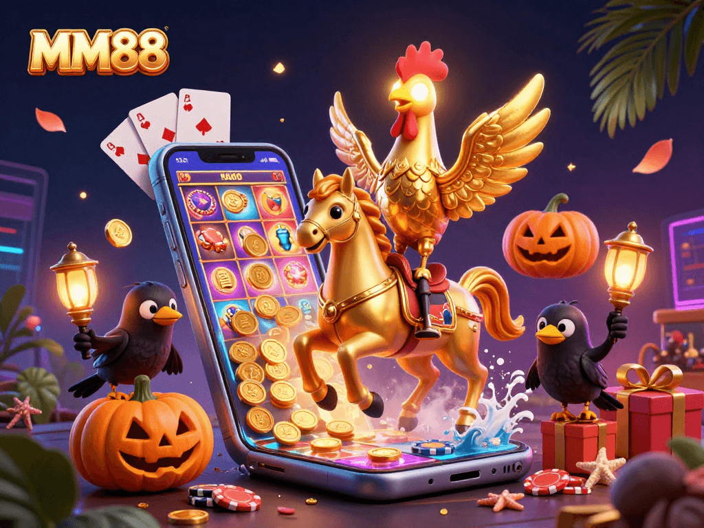 MM88 captivates players in a thrilling casino scene with a golden rooster and exciting game elements.