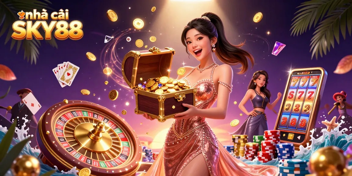 Experience vibrant gaming excitement at nhà cái SKY88 with spinning roulette and golden treasures.