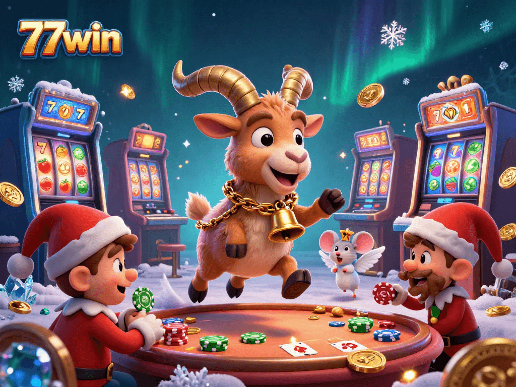 Experience the thrill at 77win's vibrant casino, featuring cartoon Krampus and playful elves in a festive game scene.