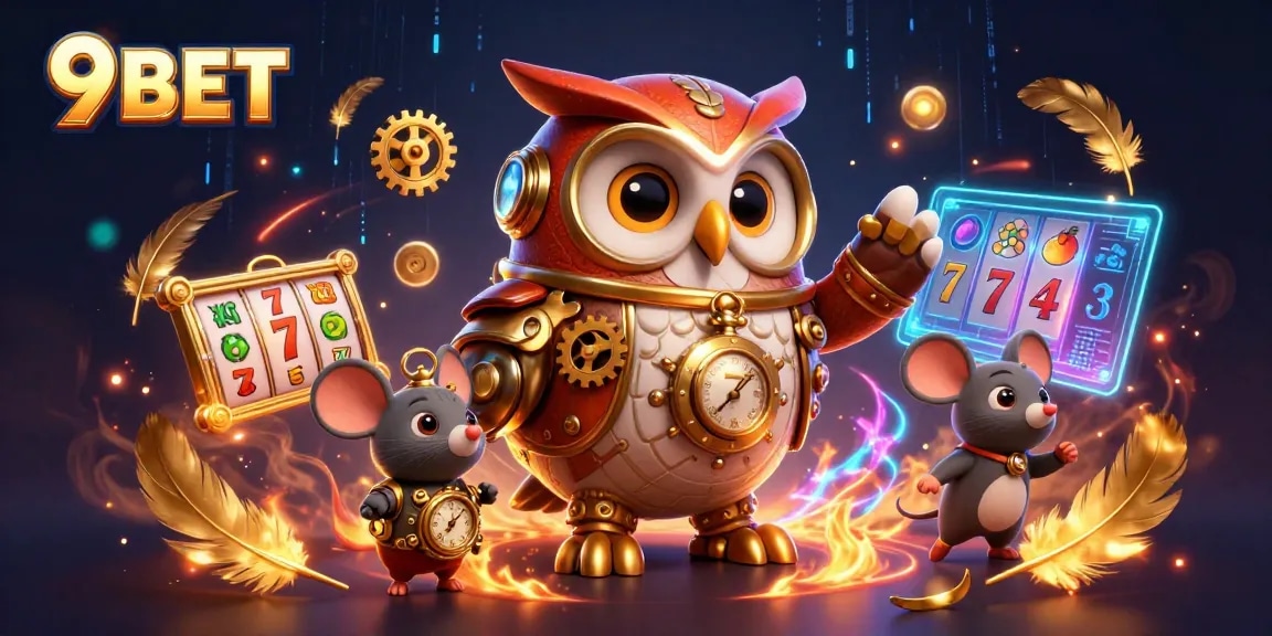 Bet on thrilling games at 9BET with a vibrant 3D casino scene featuring a time-traveler owl.