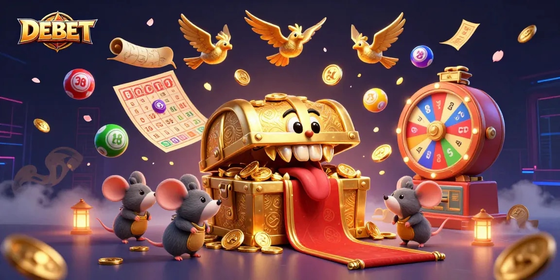 Join the excitement at DEBET with a vibrant 3D casino scene showcasing lottery balls, prize wheels, and treasure.
