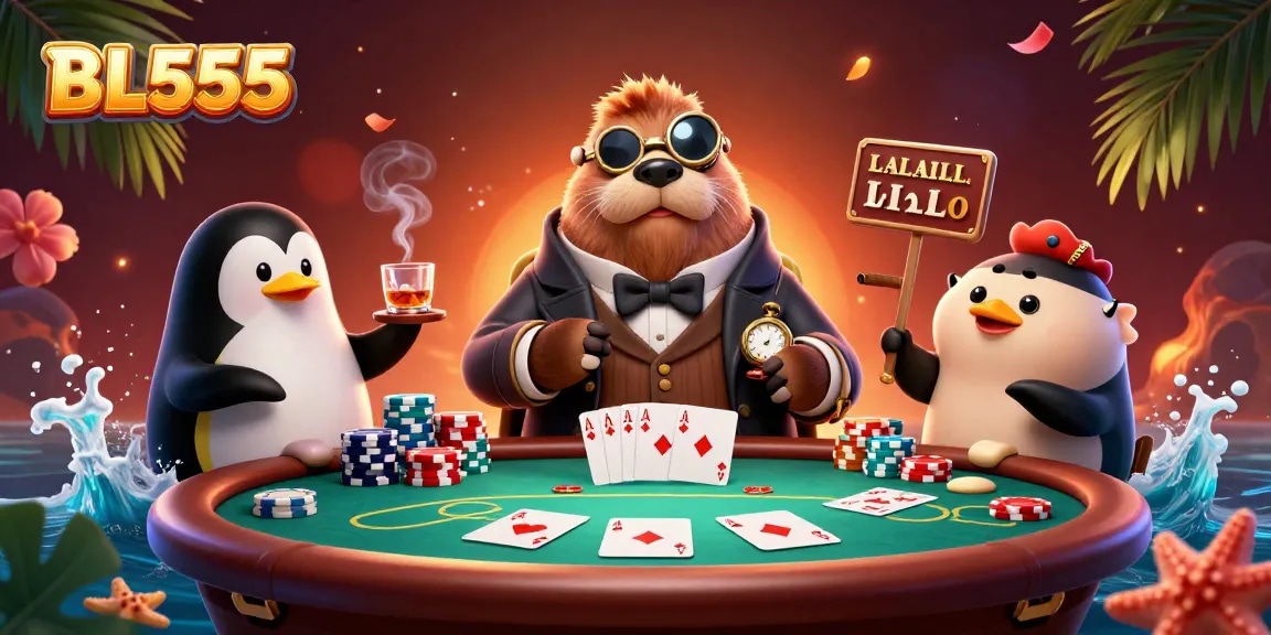 Engage in thrilling poker at BL555 with a jolly walrus, penguin dealer, and bluffing pufferfish.