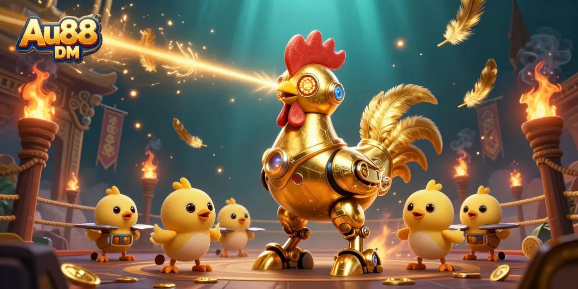 Engage with the exhilarating world of Au88 DM as a golden rooster robot and baby chick drones ignite the gaming arena.