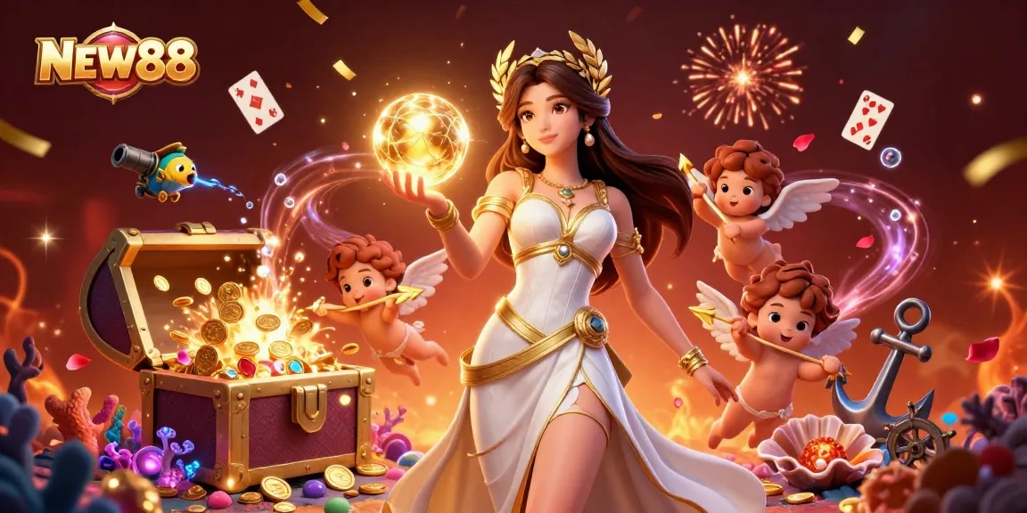 Experience the thrill of betting at NEW88 with a dazzling 3D casino scene full of vibrant elements.