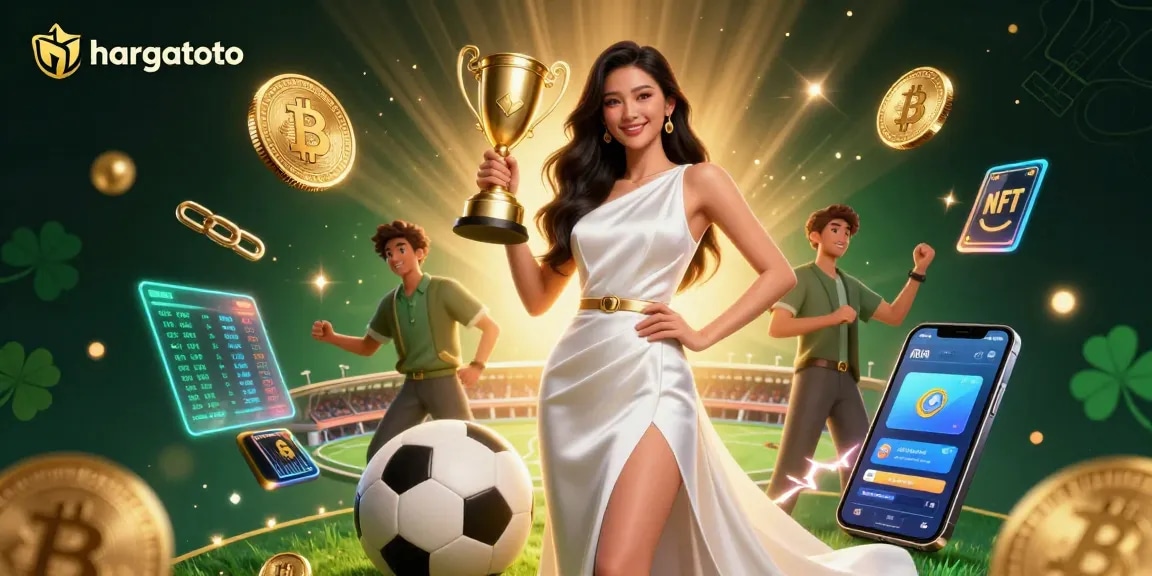 Experience the excitement of hargatoto with a stunning Asian woman celebrating as she holds a trophy amidst crypto and sports betting elements.