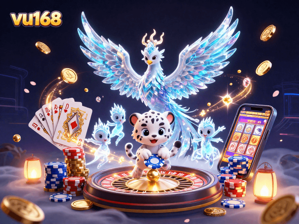 Experience thrilling gameplay with vu168's vibrant 3D casino illustration showcasing dynamic characters and game elements.
