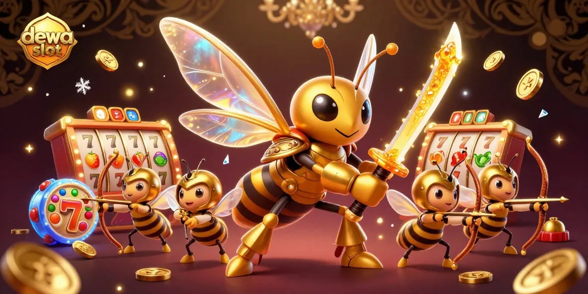 Experience thrilling action with dewa slot featuring golden hornet samurai and vibrant slot elements in a 3D scene.