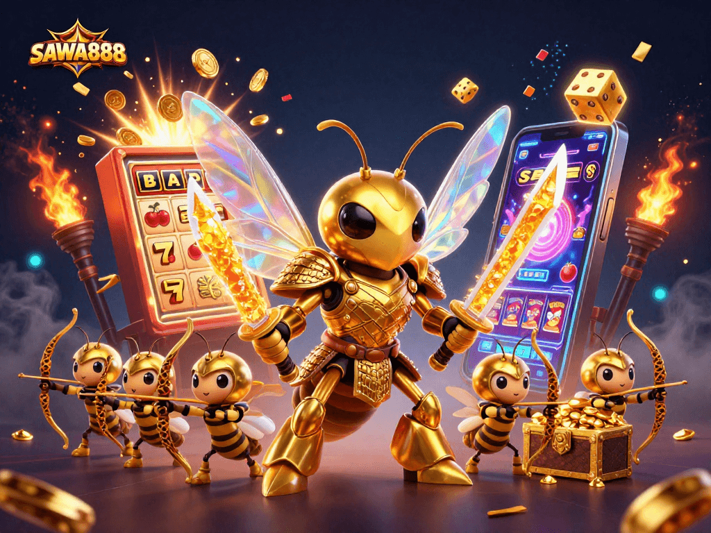 SAWA888 showcases thrilling slots with giant golden hornet and exciting jackpot elements.
