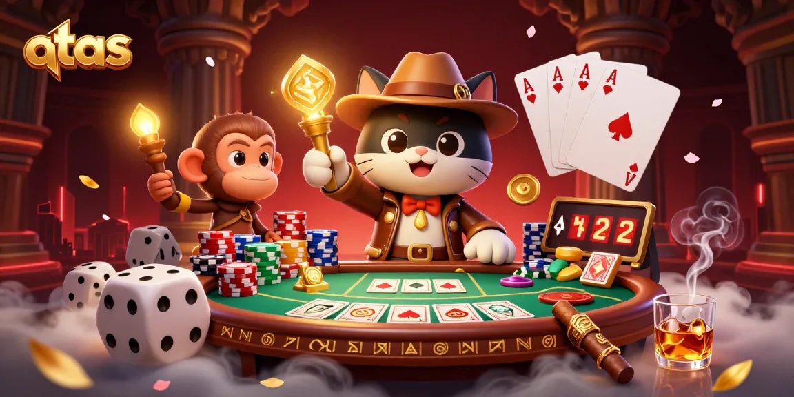Engage in thrilling action at atas with a lucky cat uncovering a casino treasure amidst dynamic game elements.