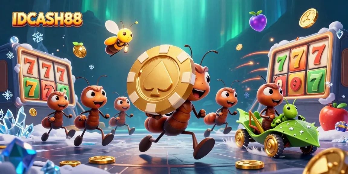IDCASH88 showcases a vibrant slot game scene with ants carrying a giant poker chip and dynamic casino elements.