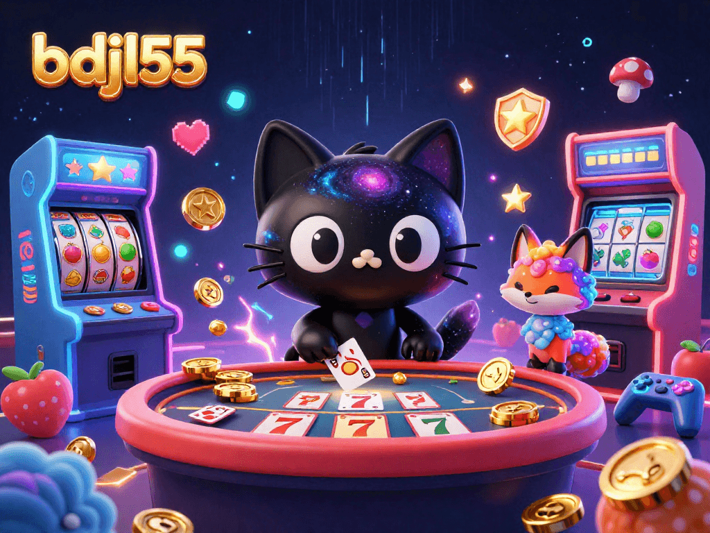Engage with the cosmic charm of bdjl55's vibrant casino scene featuring a black hole cat and a nebula fox.