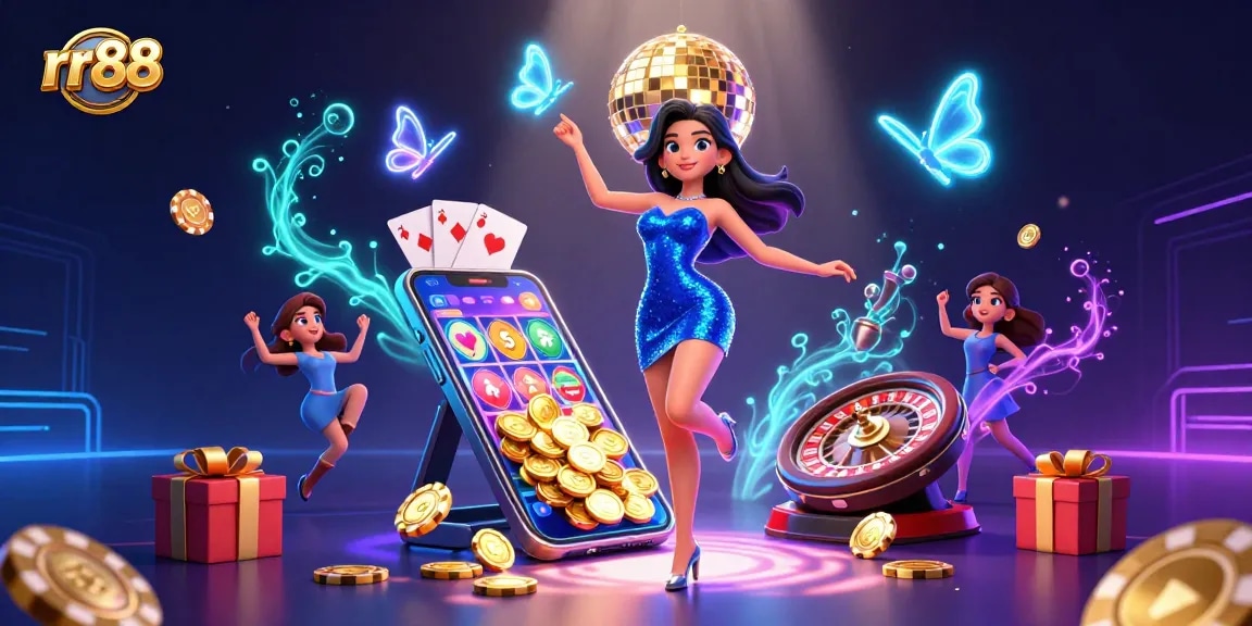 Experience exciting gaming action at rr88, featuring a glamorous dancer and vibrant casino elements.